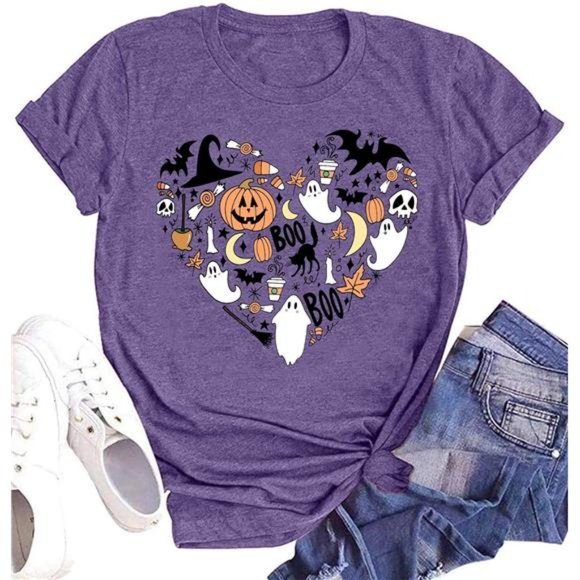 Hocus Pocus Shirt Pumpkin Heart Graphic Tees Boo Short Sleeve For Women - Picture 1 of 6
